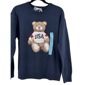 Mighty Fine Women's Large Navy Blue Patriotic USA Crew Neck Sweater Cotton Blend